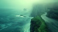 Coastal Cliffside Road in Fog: Mystical Ocean Drive with Lush Greenery