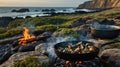 Delicious Mushrooms Cooking on a Campfire by the Ocean Royalty Free Stock Photo