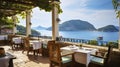 Coastal Culinary Delight - The Summer Splendor of Dining on a Terrace at a Mediterranean Restaurant Near the Island. Generative AI