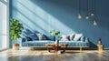 Coastal design living room. Mock up white wall in cozy home interior background. Generative Ai Royalty Free Stock Photo
