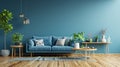 Coastal design living room. Mock up white wall in cozy home interior background. Generative Ai Royalty Free Stock Photo