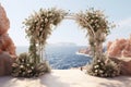 Coastal destination wedding with a ceremony set. generative ai