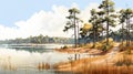 Coastal Digital Illustration: Detailed Marsh Sketch Of Pine Trees By The Water