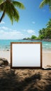 Coastal escape Blank board amidst palm trees, sandy beach, and tranquil ocean