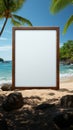 Coastal escape Blank board amidst palm trees, sandy beach, and tranquil ocean