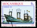 Coastal freightship Linde , Ships of Mozambique serie, circa 1981 Royalty Free Stock Photo