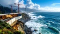Coastal Highway Construction with Cranes and Ocean Views Royalty Free Stock Photo