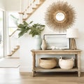 Coastal home interior in Bohemian style with wooden table wicker baskets. Natural material neutral pastel warm colors