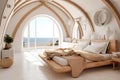 Coastal interior design of modern bedroom with arched ceiling. Created with generative AI