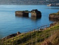 Seascape landscape with broken dock. Galicia, Spain, Europe.