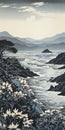Coastal Landscape Print High-contrast Shading And Atmospheric Mountains