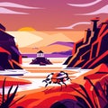 Coastal landscape with red rocks, sea and lighthouse at sunset, flat vector illustration AI Generated Royalty Free Stock Photo