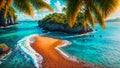 Coastal landscape - view of a beautiful tropical coast with palm trees, sandy beach and rocky shores Royalty Free Stock Photo