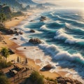 Coastal landscape with waves crashing against a sandy shorelne