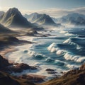 Coastal landscape with waves crashing against a sandy shorelne