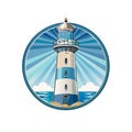 Coastal Lighthouse Beacon Shining Bright Over Sandy Shore and Ocean Waves Royalty Free Stock Photo