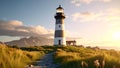 Coastal lighthouse on a grassy hilltop with a path, mountains, and sunset sky. Royalty Free Stock Photo