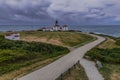 Coastal lighthouse with ocean backdrop at Beavertail State Park. Royalty Free Stock Photo
