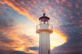 Coastal lighthouse and scenic sunset with dramatic clouds in the harbour. Beacon near the beach. Varna, Bulgaria