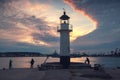 Coastal lighthouse scenic sunset with dramatic clouds in the harbour. Beacon near the beach in Varna, Bulgaria