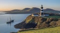 Coastal Lighthouse Sunrise, Ship, Cliffs, Ireland, Travel Royalty Free Stock Photo