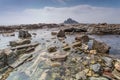 Coastal location around st michaels mount in cornwall england uk. Lookout post in Marizion harbour. White castlated building next Royalty Free Stock Photo