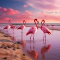 Coastal Majesty: Pink Flamingos in a Picturesque Beachscape
