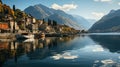 Coastal Medieval Towns and Moutains Reflect on Calm River Water Background