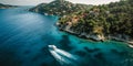 Coastal Mediterranean Paradise Aerial View of Boat on Crystal Clear Waters. Generative AI Royalty Free Stock Photo