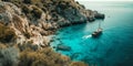 Coastal Mediterranean Paradise Aerial View of Boat on Crystal Clear Waters. Generative AI Royalty Free Stock Photo