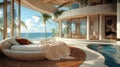 Luxury Beachfront Villa Bedroom with Ocean View and Private Pool Royalty Free Stock Photo