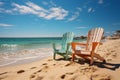 Coastal retreat Beach chairs on white sand, embraced by blue sky and sun