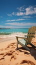 Coastal retreat Beach chairs on white sand, embraced by blue sky and sun