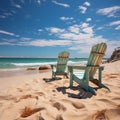Coastal retreat Beach chairs on white sand, embraced by blue sky and sun