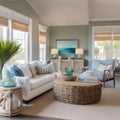 A coastal retreat-inspired living room with a breezy color palette, driftwood decor, and sea-inspired accessories2