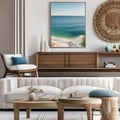 A coastal retreat-inspired living room with a breezy color palette, driftwood decor, and sea-inspired accessories1