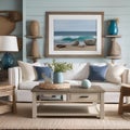 A coastal retreat-inspired living room with a breezy color palette, driftwood decor, and sea-inspired accessories3