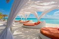 Coastal retreat white beach canopies, luxurious beach scenery view