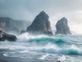 Coastal Rock Formations with Overcast Sky and Ocean Water Crashing Royalty Free Stock Photo