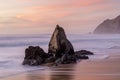 Coastal rock stack Sunset at Gray Whale Cove State Beach.