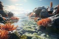 Coastal rocks and tide pools teeming with marine. Generative ai