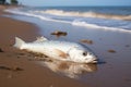 Coastal scene dead fish on the beach with sea waves