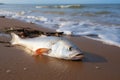 Coastal scene dead fish on the beach with sea waves
