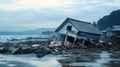 a coastal scene of devastation after a tsunami, with a collapsed house lying amidst debris and water Royalty Free Stock Photo