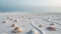 Coastal scene featuring a sandy beach and various shells scattered on the shore Royalty Free Stock Photo