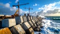 Coastal Construction - Tetrapods Protecting Shoreline with Cranes in the Background Royalty Free Stock Photo