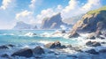 coastal scene with towering cliffs, crashing waves, and seabirds gliding in the air manga cartoon style by AI generated Royalty Free Stock Photo