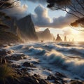 Coastal scene with waves rolling onto a rocky shore, photoreal