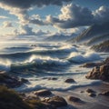 Coastal scene with waves rolling onto a rocky shore, photoreal