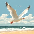 Coastal Seagull in Flight, Ocean Beach Scene, Fluffy Clouds Royalty Free Stock Photo